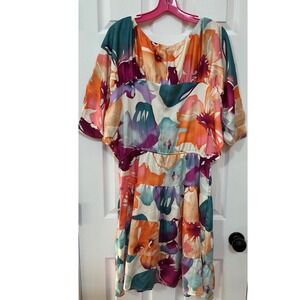 LOFT Women Floral Tiered Midi‎ Dress Short Sleeve Square Neck Orange Pink Teal M